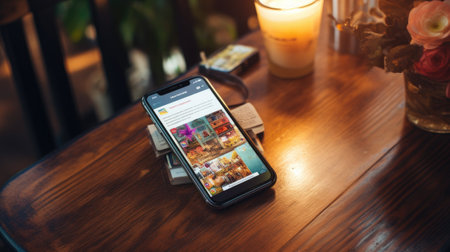 Smartphone or mobile phone on the table. Generative AIの素材