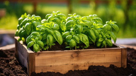 Green basil growing in raised beds in garden. Generative AIの素材
