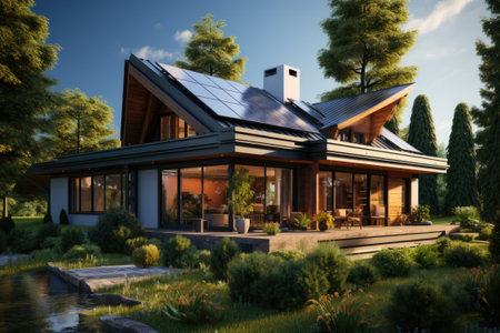 Modern house with photovoltaic panels on the house.の素材