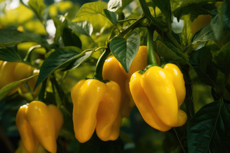 Yellow peppers agriculture harvesting. Generative AIの素材