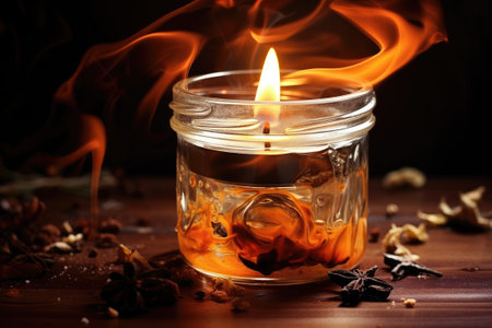 Burning scented candle in a glass jar.の素材