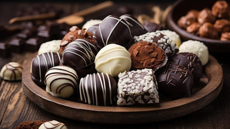 Dark, milk and white chocolate candies / pralines / truffles, assorted on wooden table. Dessert for Valentine's Day.の素材