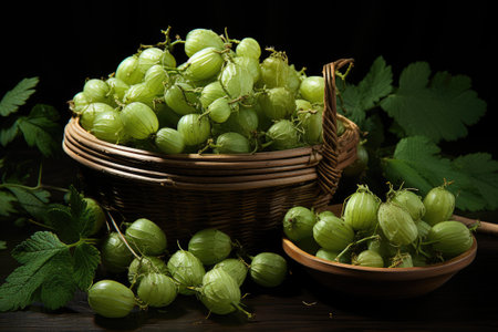 Sweet green gooseberries in basketの素材