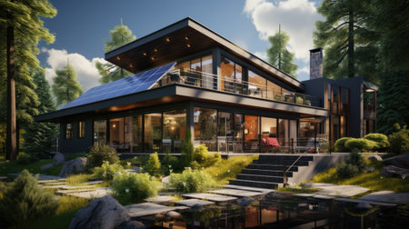 Modern house with photovoltaic panels on the house.の素材