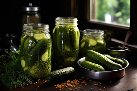 Homemade fermented pickled cucumbers in a jar.の素材
