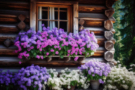 White and violet flowers covering window of wooden houseの素材