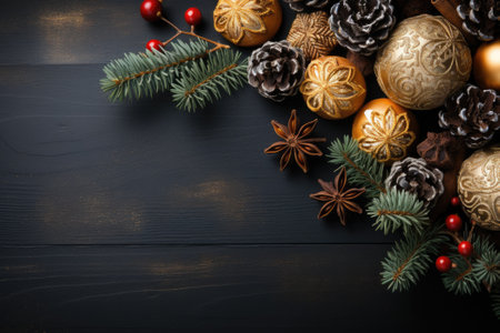 Decorative christmas composition on wooden surface. Generative AIの素材