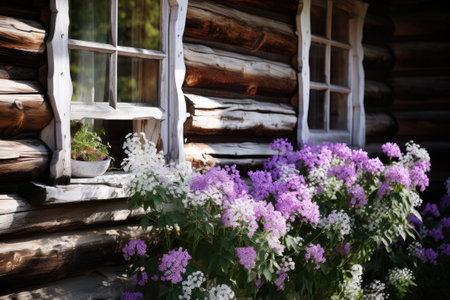 White and violet flowers covering window of wooden houseの素材