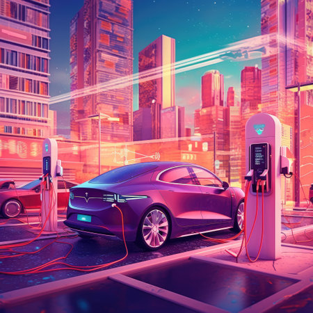 Electric car is connected to a charging station. Generative AIの素材