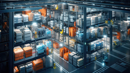 Huge distribution warehouse with high shelves and loaders. Generative AIの素材