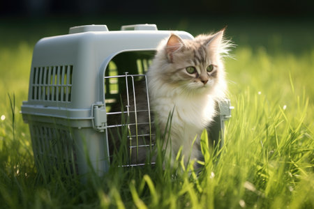 Cat sitting in carrier on grass.の素材
