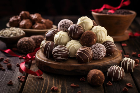 Dark, milk and white chocolate candies / pralines / truffles, assorted on wooden table. Dessert for Valentine's Day.の素材