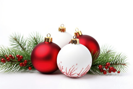 Red and white Christmas ornaments and branches isolated on a white background.の素材