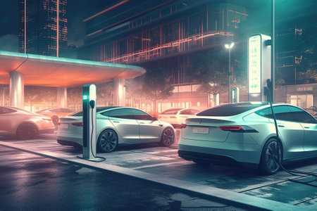 Electric car is connected to a charging station. Generative AIの素材