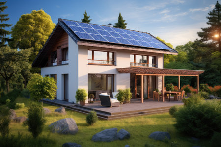Modern house with photovoltaic panels on the house.の素材