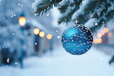 Blue christmas ball on winter landscapeの素材