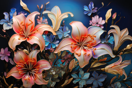 Close-up, creative, abstract image of lily flowers against a blue backgroundの素材