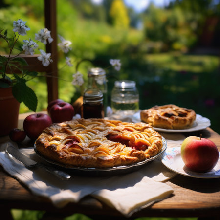 Freshly baked Apple Pie on a rustic table. Generative AIの素材
