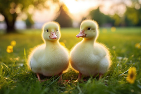 Cute fluffy duckling on green grass outdoors. Generative AIの素材