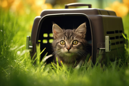 Cat sitting in carrier on grass.の素材