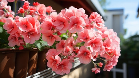 Pink pelargonium flowers growing on balcony.の素材