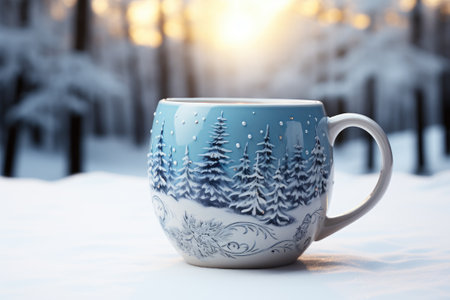 Decorated Christmas coffee mug with winter forest landscape and snow.の素材