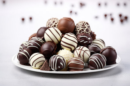 Dark, milk and white chocolate candies / pralines / truffles, assorted on wooden table. Dessert for Valentine's Day.の素材