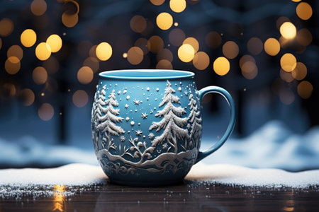 Decorated Christmas coffee mug with winter forest landscape and snow.の素材