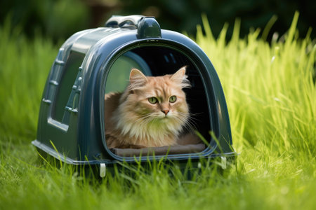Cat sitting in carrier on grass.の素材