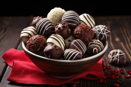 Dark, milk and white chocolate candies / pralines / truffles, assorted on wooden table. Dessert for Valentine's Day.の素材