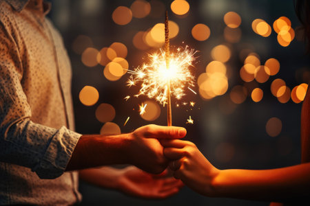 Hand holding a burning sparkler. Christmas and new year sparkler holiday backgroundの素材