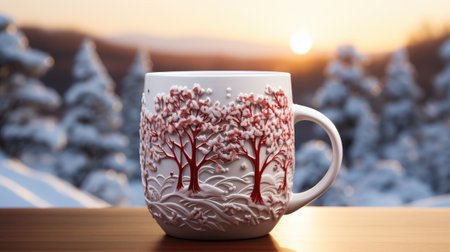 Decorated Christmas coffee mug with winter forest landscape and snow.の素材