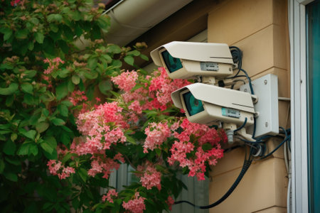 Security camera in front of house with flowers in the foreground.の素材