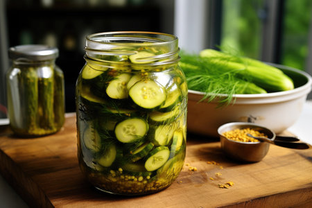 Homemade fermented pickled cucumbers in a jar.の素材