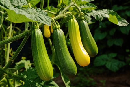 Zucchini with green leaves growing in the vegetable garden.の素材