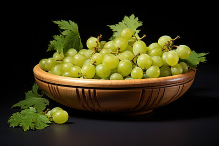 Bunch of green ripe grapes in a wooden bowlの素材