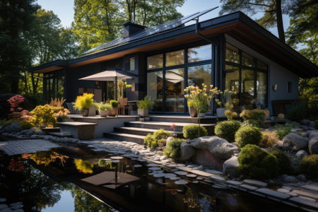 Modern house with photovoltaic panels on the house.の素材