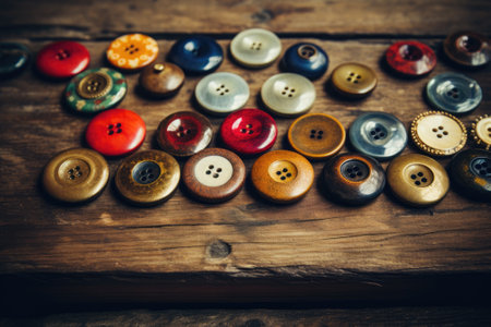 Collection of different multi colored buttons on woodの素材