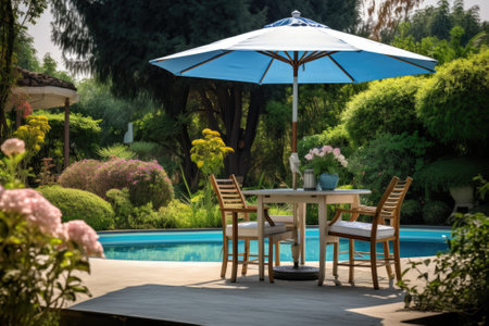 Cafe table with chair and parasol umbrella in the gardenの素材
