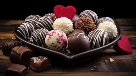 Dark, milk and white chocolate candies / pralines / truffles, assorted on wooden table. Dessert for Valentine's Day.の素材