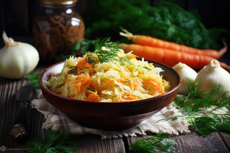 Homemade sauerkraut, pickled cabbage and carrots.の素材