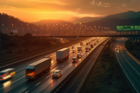 Trucks on the highway. Transportation theme. Road cars theme. Generative AIの素材