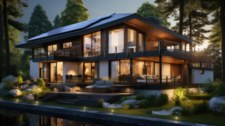 Modern house with photovoltaic panels on the house.の素材