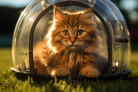 Cat sitting in carrier on grass.の素材
