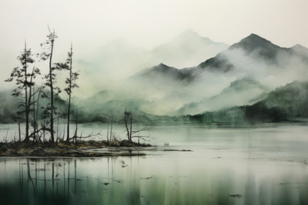 Morning mist rises from lake into trees. Beautiful scenery landscape.の素材