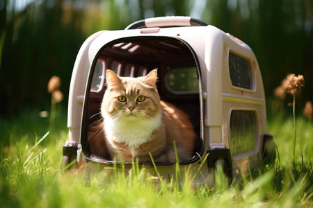 Cat sitting in carrier on grass.の素材