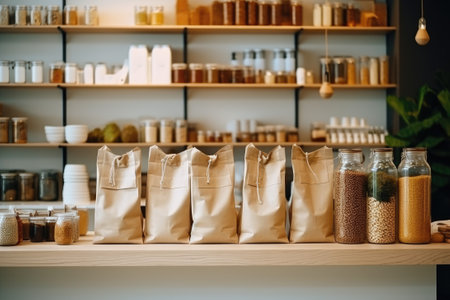 Background of interior in zero waste shop. Products in plastic free grocery store.の素材