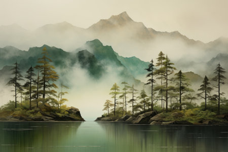 Morning mist rises from lake into trees. Beautiful scenery landscape.の素材