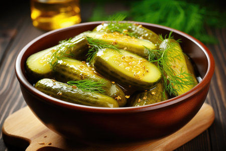 Homemade fermented pickled cucumbers in a plate.の素材