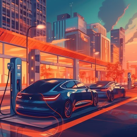 Electric car is connected to a charging station. Generative AIの素材